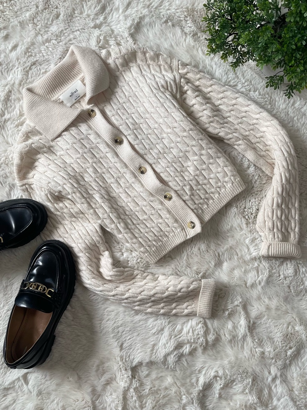 Aritzia Wilfred Merino Wool Cable Knit Collared Cardigan S